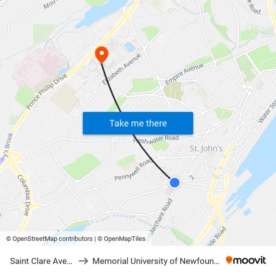Saint Clare Avenue Civic 6 to Memorial University of Newfoundland, St John's, NL map