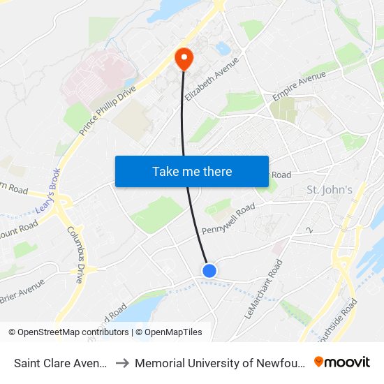 Saint Clare Avenue Civic 160 to Memorial University of Newfoundland, St John's, NL map