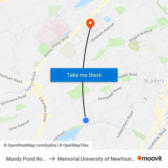 Mundy Pond Road Civic 25 to Memorial University of Newfoundland, St John's, NL map