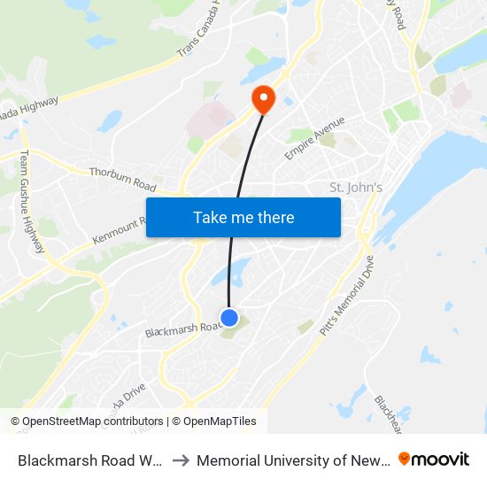 Blackmarsh Road West Fire Station # 2 to Memorial University of Newfoundland, St John's, NL map
