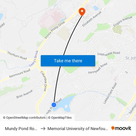 Mundy Pond Road Civic 146 to Memorial University of Newfoundland, St John's, NL map
