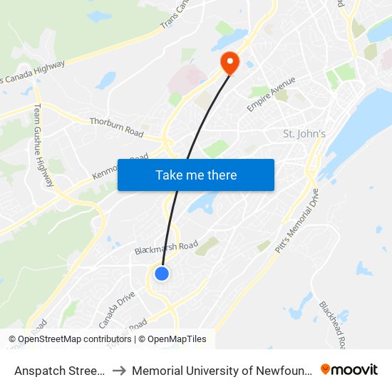 Anspatch Street Civic 264 to Memorial University of Newfoundland, St John's, NL map