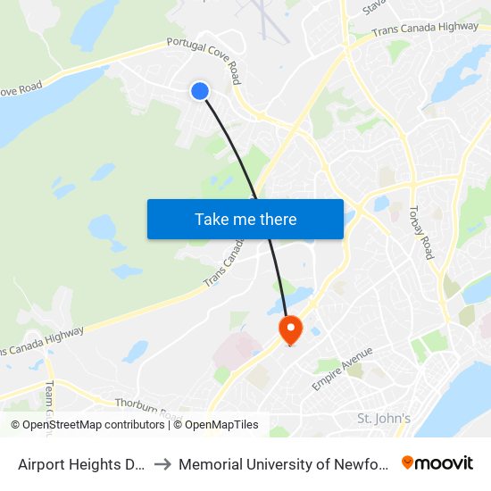 Airport Heights Drive Civic 199 to Memorial University of Newfoundland, St John's, NL map