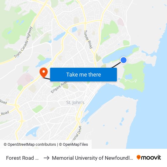 Forest Road Civic 180 to Memorial University of Newfoundland, St John's, NL map