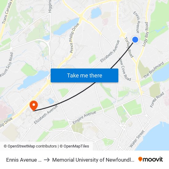 Ennis Avenue Civic 23 to Memorial University of Newfoundland, St John's, NL map