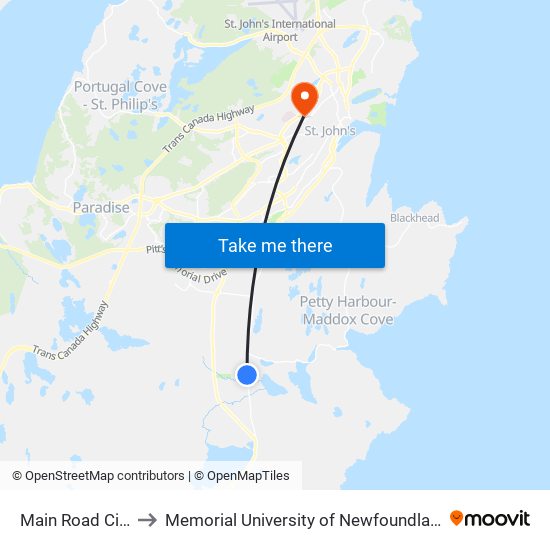 Main Road Civic 544 to Memorial University of Newfoundland, St John's, NL map