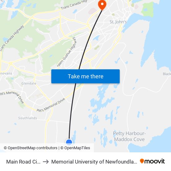 Main Road Civic 201 to Memorial University of Newfoundland, St John's, NL map