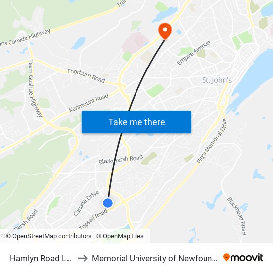 Hamlyn Road Lower  Plaza to Memorial University of Newfoundland, St John's, NL map