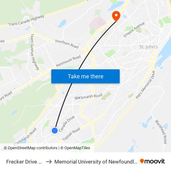 Frecker Drive Civic 150 to Memorial University of Newfoundland, St John's, NL map