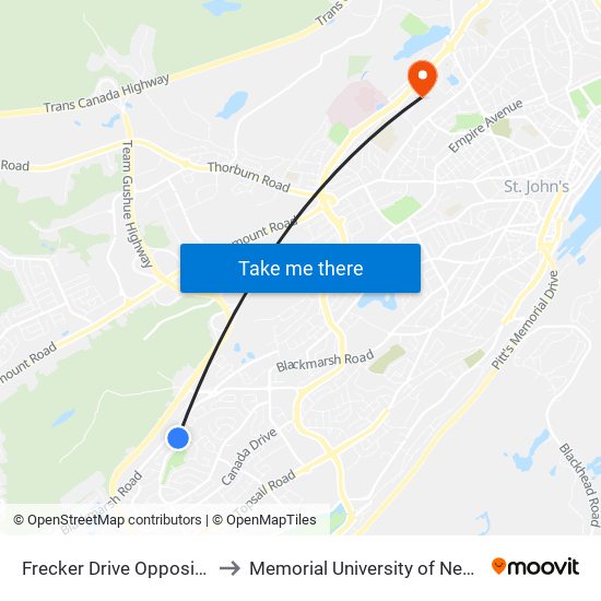 Frecker Drive Opposite Bellevue Crescent to Memorial University of Newfoundland, St John's, NL map