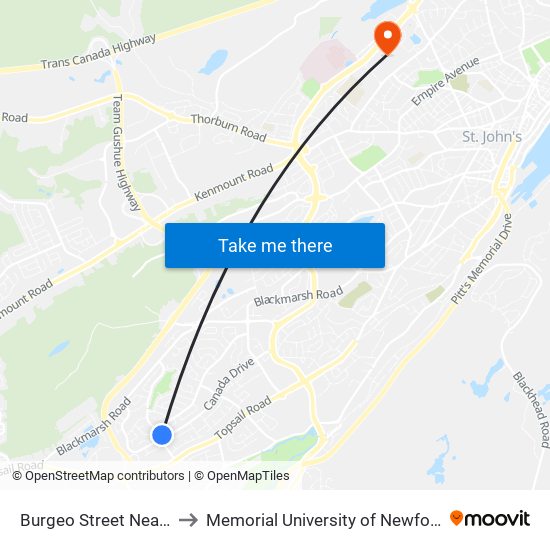 Burgeo Street Near Canada Drive to Memorial University of Newfoundland, St John's, NL map