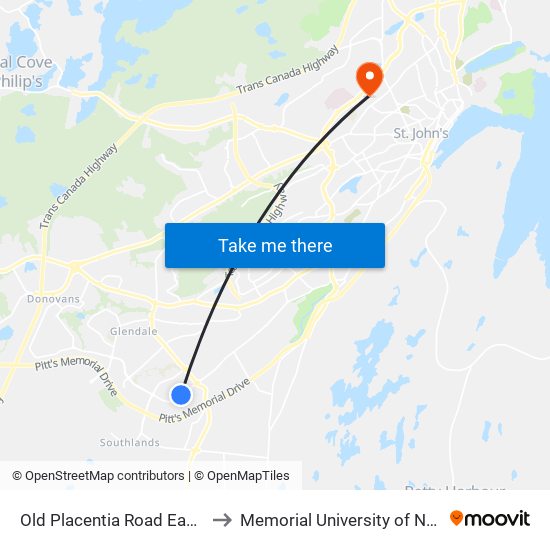 Old Placentia Road  East Of Westbrook Landing to Memorial University of Newfoundland, St John's, NL map