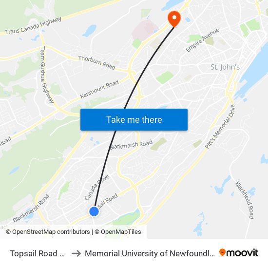 Topsail Road Civic 556 to Memorial University of Newfoundland, St John's, NL map