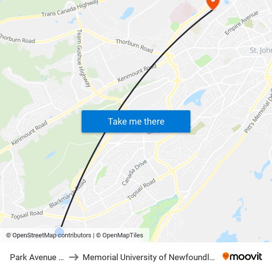 Park Avenue Civic 56 to Memorial University of Newfoundland, St John's, NL map