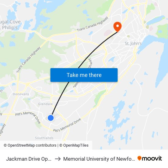 Jackman Drive Opposite Civic 26 to Memorial University of Newfoundland, St John's, NL map