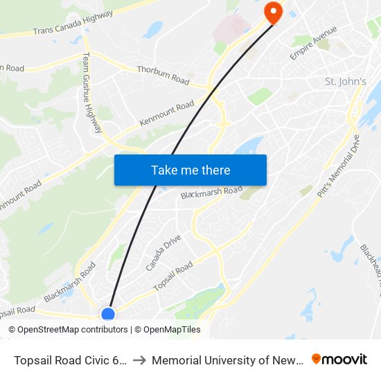 Topsail Road Civic 689 Smith Building to Memorial University of Newfoundland, St John's, NL map