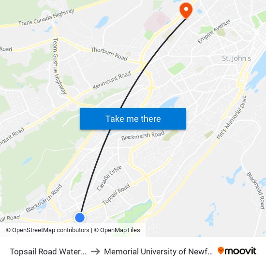 Topsail Road Waterford Valley Plaza to Memorial University of Newfoundland, St John's, NL map