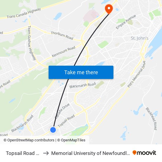 Topsail Road Civic 623 to Memorial University of Newfoundland, St John's, NL map