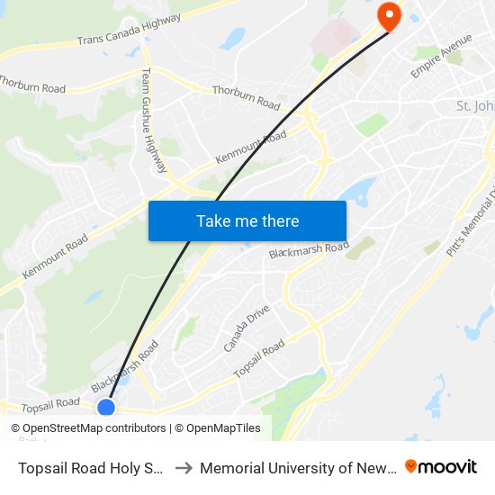Topsail Road Holy Sepulchre Cemetery to Memorial University of Newfoundland, St John's, NL map