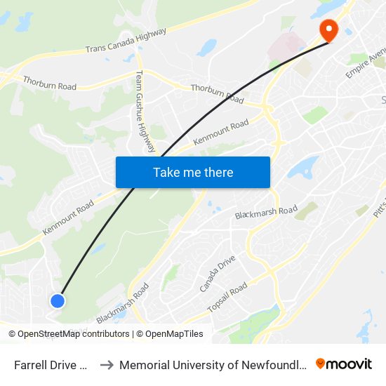 Farrell Drive Civic 184 to Memorial University of Newfoundland, St John's, NL map