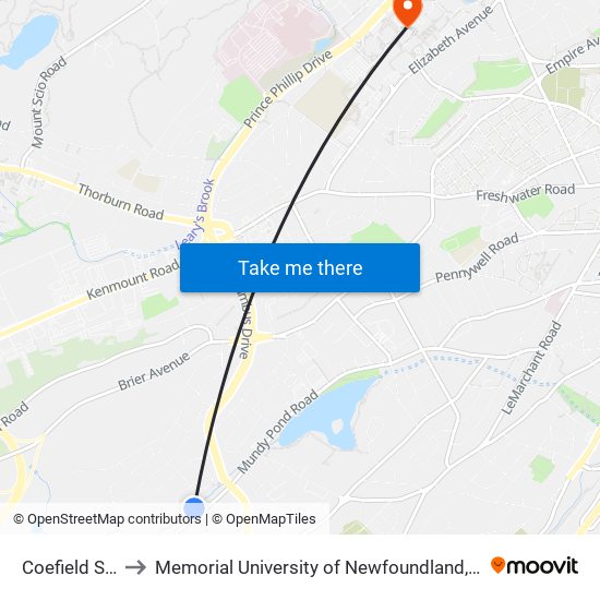 Coefield Street to Memorial University of Newfoundland, St John's, NL map