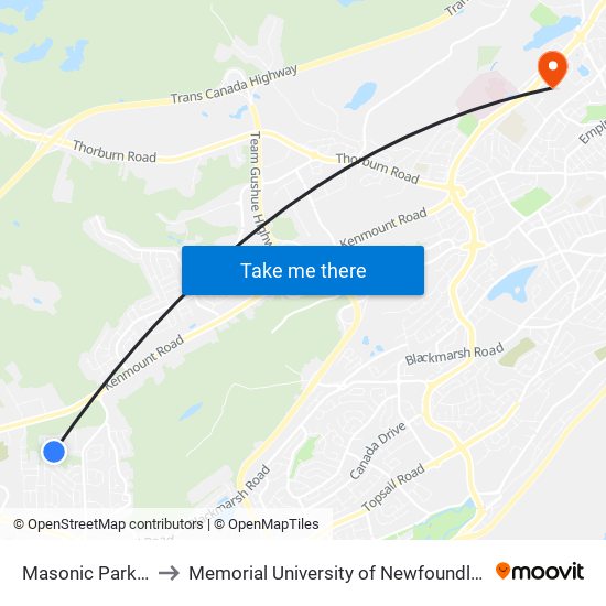 Masonic Park Court C to Memorial University of Newfoundland, St John's, NL map