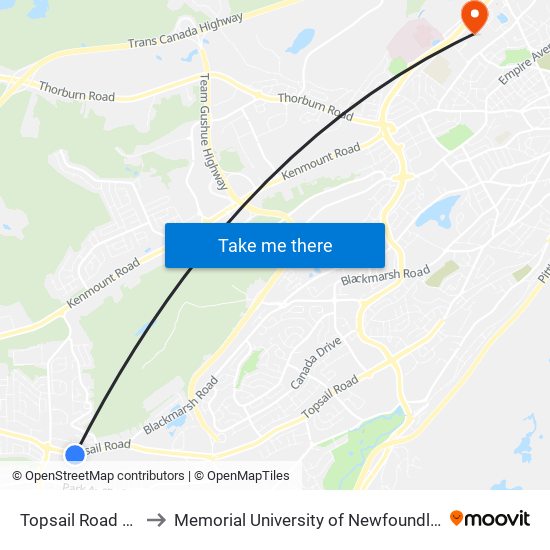 Topsail Road Civic 949 to Memorial University of Newfoundland, St John's, NL map
