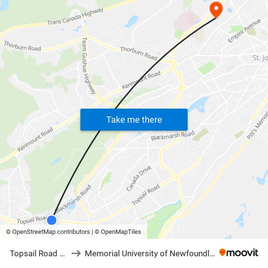 Topsail Road Civic 835 to Memorial University of Newfoundland, St John's, NL map