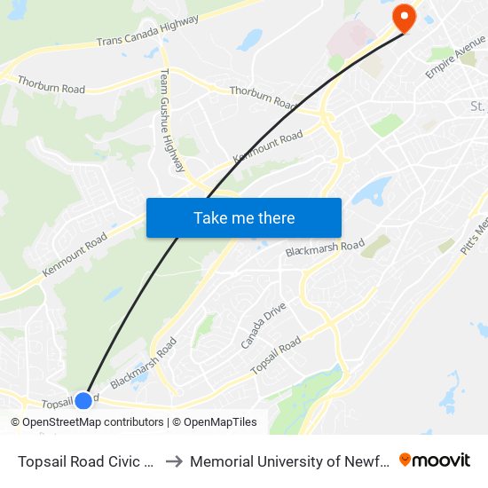 Topsail Road Civic 889 Credit Union to Memorial University of Newfoundland, St John's, NL map