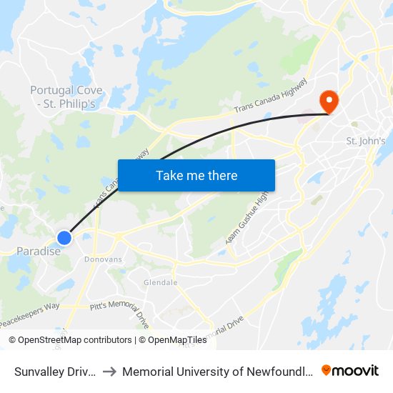 Sunvalley Drive Civic 6 to Memorial University of Newfoundland, St John's, NL map