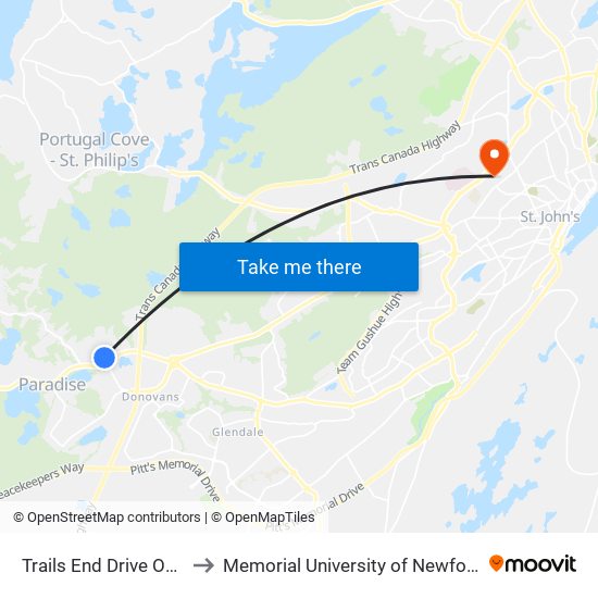 Trails End Drive Opposite Civic 8 to Memorial University of Newfoundland, St John's, NL map