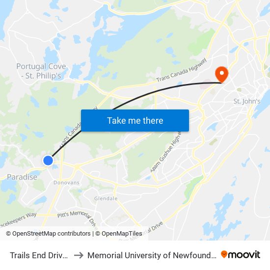 Trails End Drive Civic 36 to Memorial University of Newfoundland, St John's, NL map