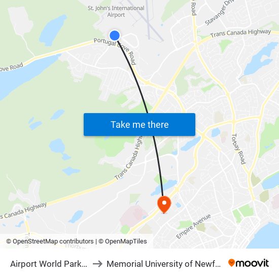 Airport World Parkway Holiday Inn to Memorial University of Newfoundland, St John's, NL map