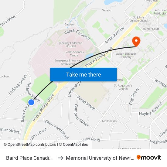 Baird Place Canadian Blood Services to Memorial University of Newfoundland, St John's, NL map