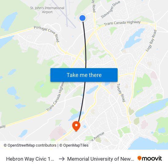 Hebron Way Civic 100 Service Canada to Memorial University of Newfoundland, St John's, NL map