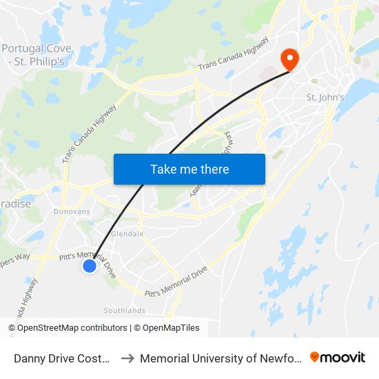 Danny Drive Costco Gas Pumps to Memorial University of Newfoundland, St John's, NL map