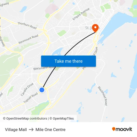Village Mall to Mile One Centre map