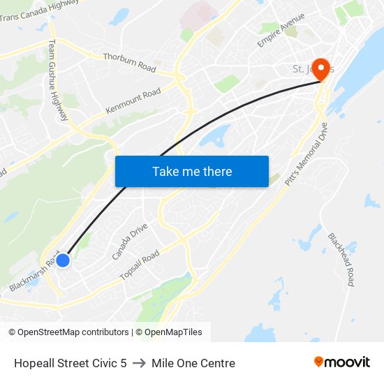 Hopeall Street Civic 5 to Mile One Centre map