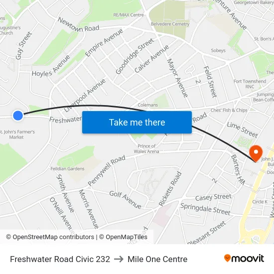 Freshwater Road Civic 232 to Mile One Centre map