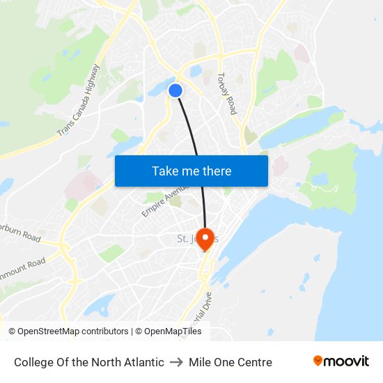 College Of the North Atlantic to Mile One Centre map