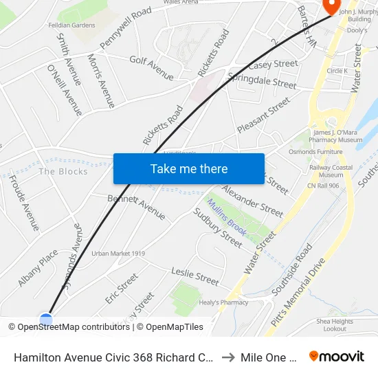 Hamilton Avenue Civic 368 Richard Cashin Building to Mile One Centre map