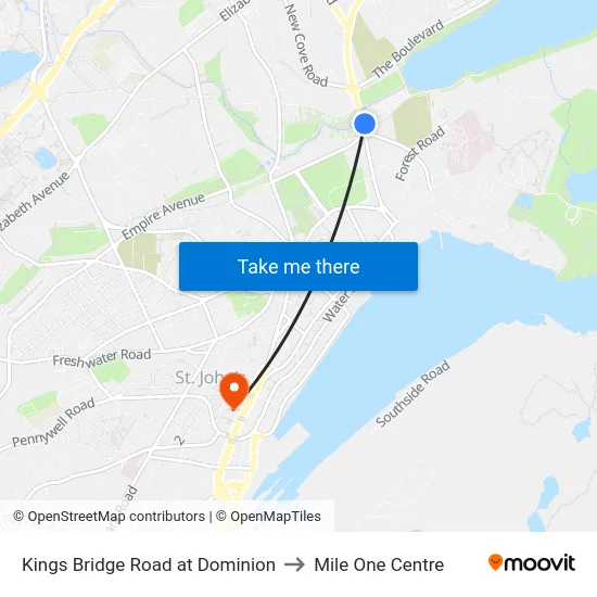 Kings Bridge Road at Dominion to Mile One Centre map
