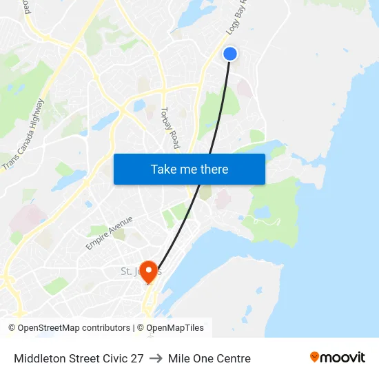 Middleton Street Civic 27 to Mile One Centre map
