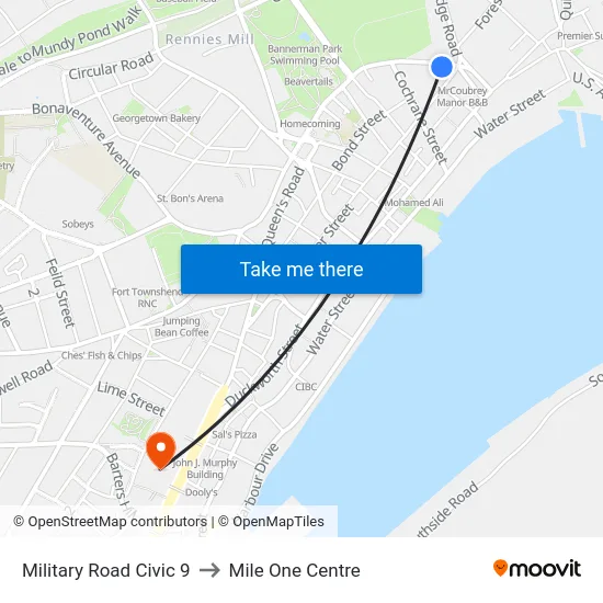 Military Road Civic 9 to Mile One Centre map