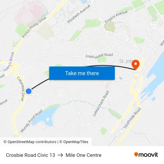 Crosbie Road Civic 13 to Mile One Centre map
