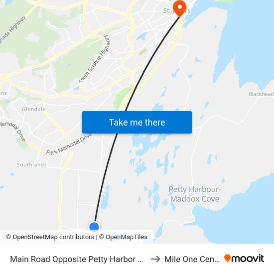 Main Road Opposite Petty Harbor Road to Mile One Centre map