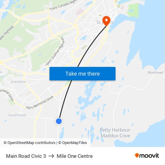 Main Road Civic 3 to Mile One Centre map