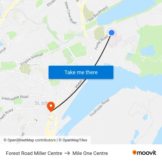 Forest Road Miller Centre to Mile One Centre map