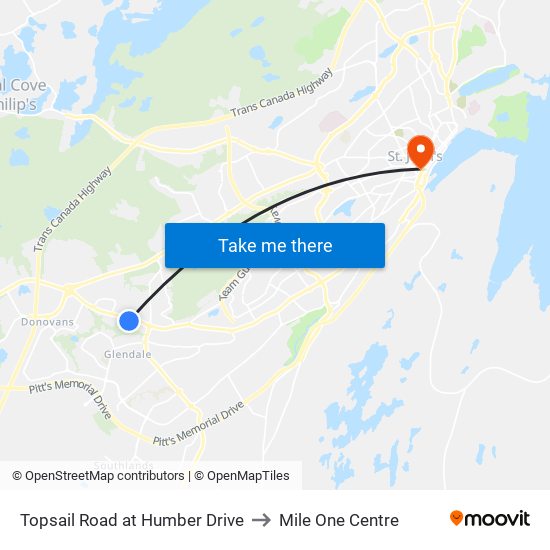 Topsail Road at Humber Drive to Mile One Centre map