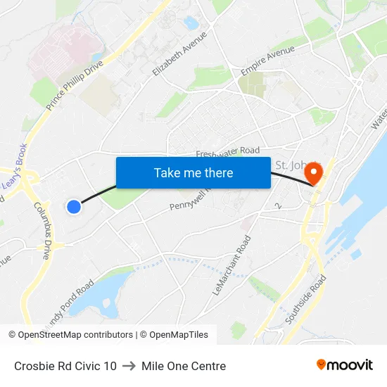 Crosbie Rd Civic 10 to Mile One Centre map